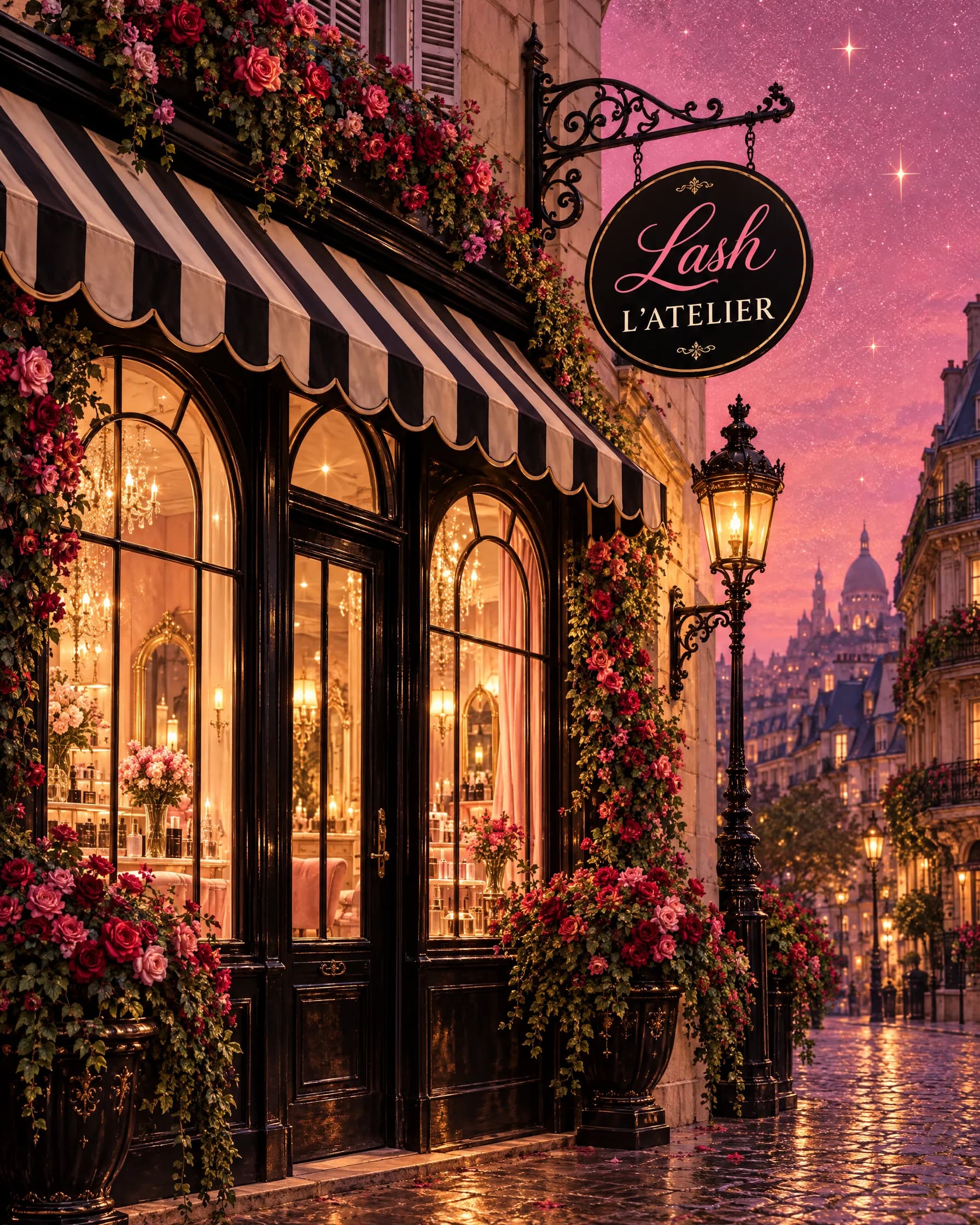 Painted illustration of the Lash L’Atelier shopfront at dusk — a striped awning, glowing arched windows, roses and the hanging Lash L’Atelier sign beside a gas lamp